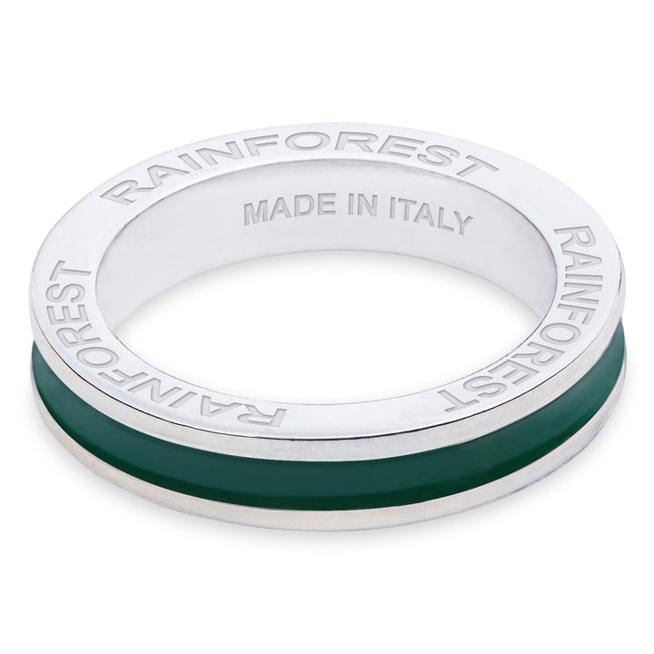 Xtinctio - Hand made in Italy by a 3rd generation Goldsmith. This eco conscious white Bronze and lush green enamel band is engraved with the word "Rainforest".