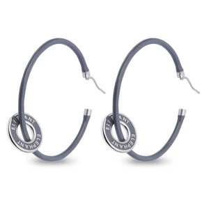 Xtinctio - These eco conscious Grey Hoop Earrings and attached circle pendant engraved with the word "Elephant" are hand made
