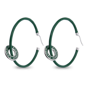 Xtinctio - These eco conscious green Hoop Earrings and attached circle pendant engraved with the word "Rainforest" are hand made
