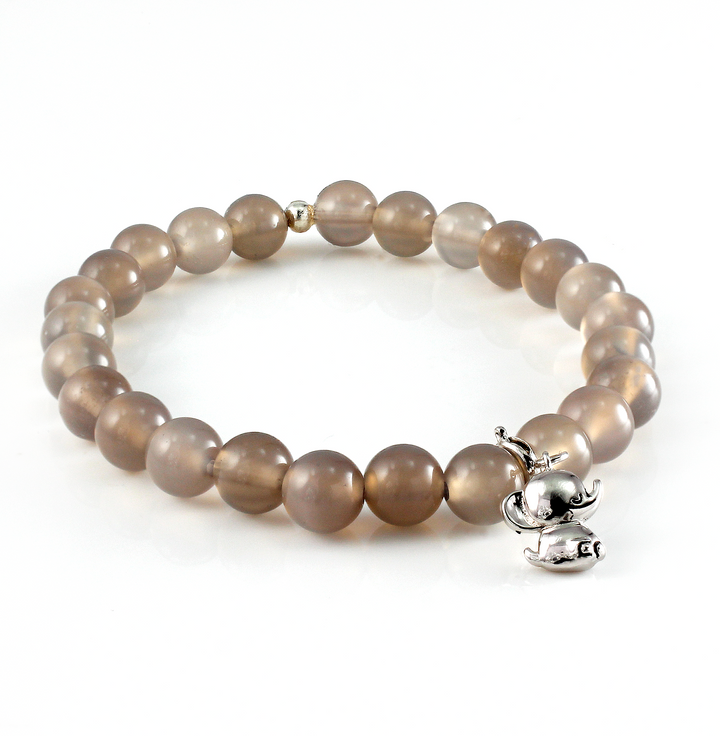 Grey Agate Beaded Bracelet with Elephant Charm -Free shipping and returns