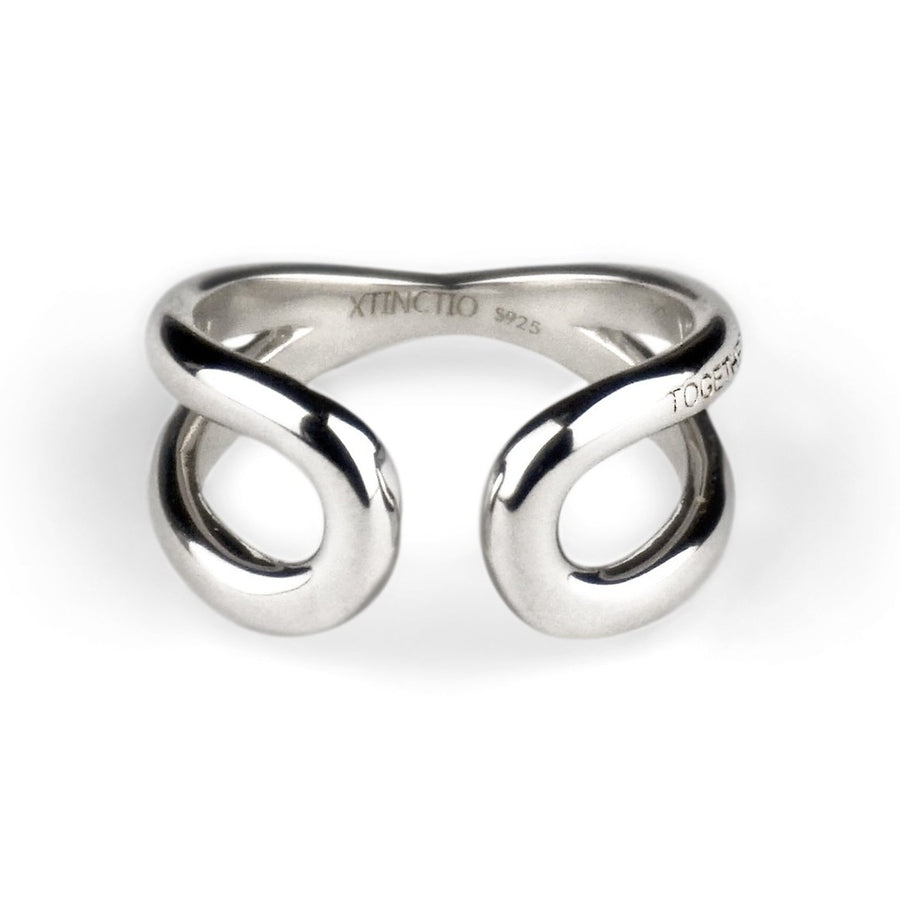 Xtinctio This 'Together Ring' in 925 Sterling Silver is engraved with the word "TOGETHER" that symbolizes our interdependence with everything on earth. It is a positive reminder of our connection to every living thing in this age of extinction.  50% of all profits go towards protecting the most endangered species on the planet earth. 