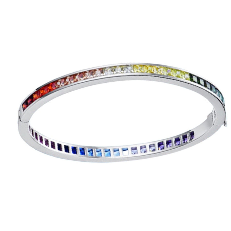 This Rainbow Bangle made in 925 sterling Silver and zirconia emerald cut stones.  Each colour stone represents an endangered species we are partnering to protect creating a rainbow of enduring hope (Black for Rhino, White for Polar Bear, Red/orange for Orangutan, Blue for the Whales, Aqua for the Ocean, Yellow for the tiger, Green for the Rainforest).  50% of all profits are donated to organisations that protect endangered species and their habitats.